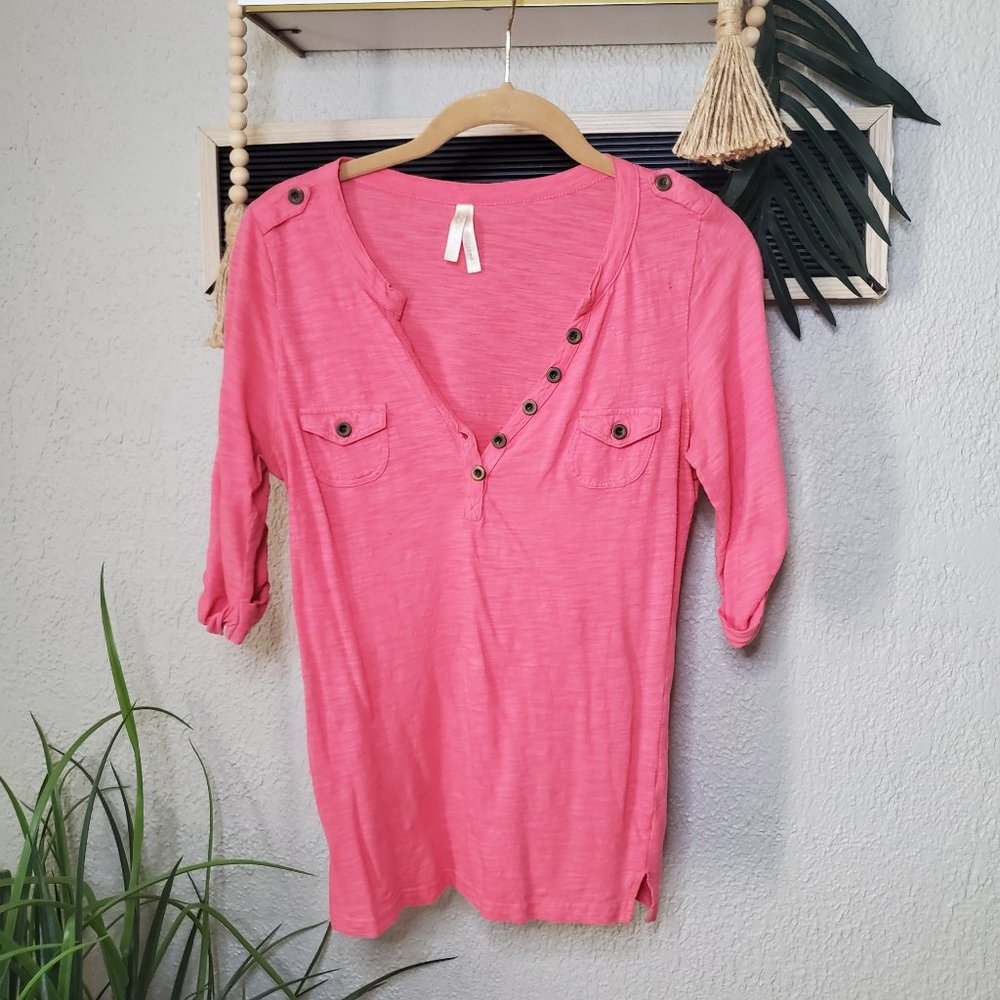 Col Story I  BarbiePink Sexy V Neck 100% Cotton Knit T Shirt 3/4 Sleeve …